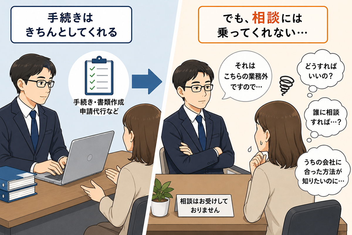 今の社労士さん、手続きはしてくれるけれど『相談』には乗ってくれない…
